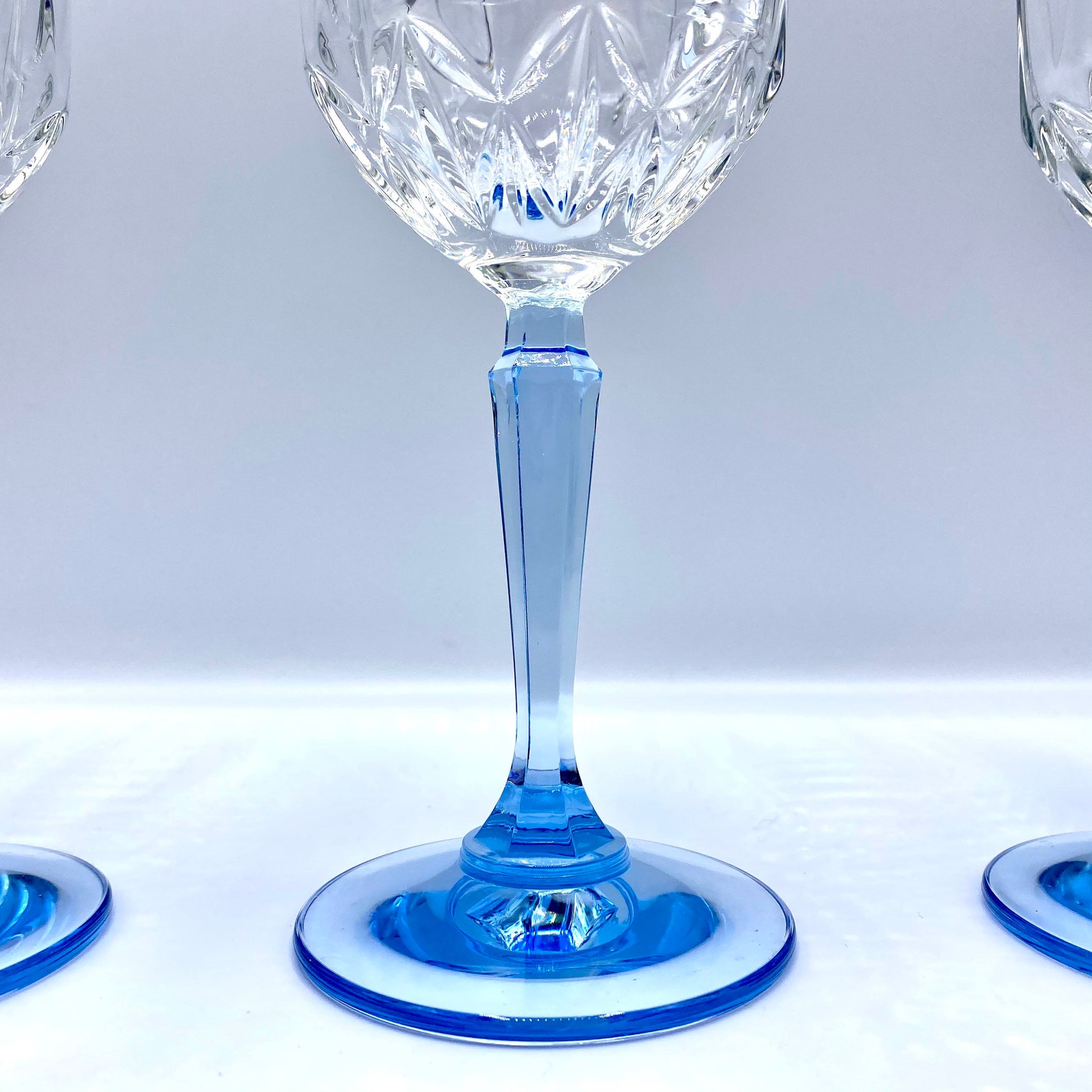 Cut Crystal Stemware with Blue Stem Set of 3 Blue Hexagonal Etsy