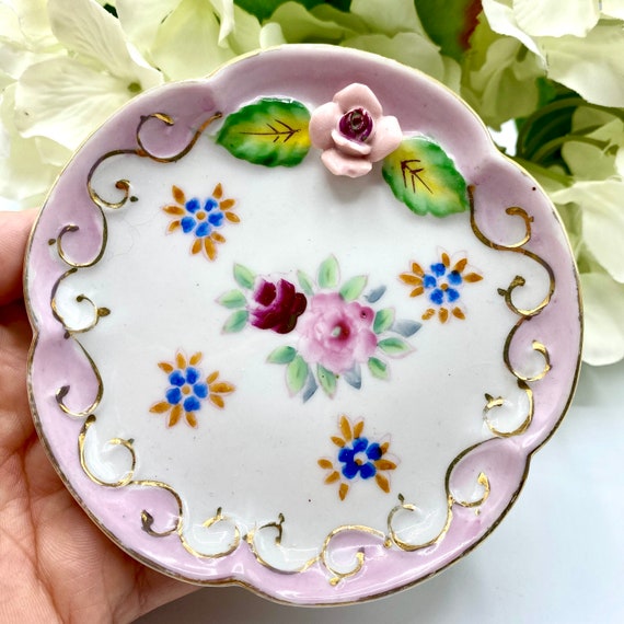 Meiko China Occupied Japan Trinket Tray Hand Painted Trinket Ring Dresser Dish Plate Flowers Small Vintage Dish Plate