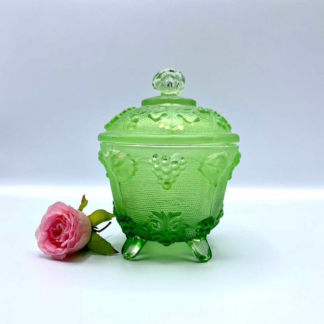 Vintage Glass Frosted Green 3 Footed Candy Dish W Etsy