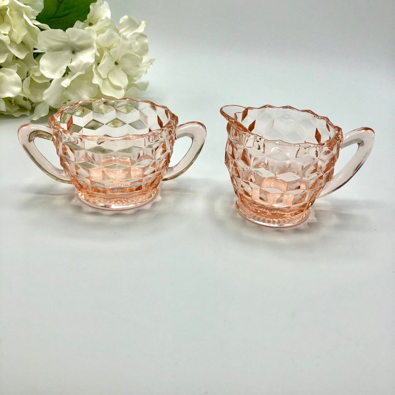Pink Glass Sugar and Creamer Set Diamond Depression Etsy