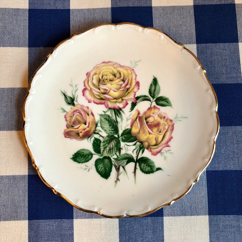 Vintage Floral Wall Plate Bavarian Golden Crown Rose Plate Schumann Arzberg Yellow and Pink Rose Plate with Gold Scalloped Edges