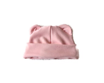 pink newborn bears baby hat, newborn hat, baby girl hat, maternity gift, pregnant, handmade, hat with ears