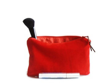 cosmetics bag red velvet, little bag, zipper pouch, for her,girl, gift idea, women purse