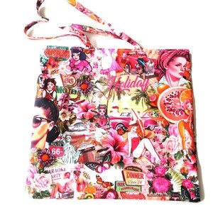 bag tote bag, seventies style print, large bag, holiday bag, pink/red/orange, lined, shopping bag, XL bag immagine 3