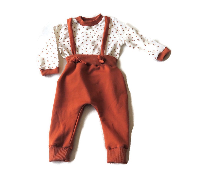 clothing set, pants with sweater, baby outfit, pants with suspenders, size 6M, 4-6 months, organic fabric, unisex, image 1