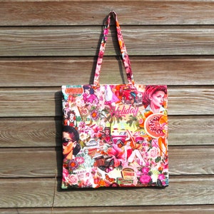 bag tote bag, seventies style print, large bag, holiday bag, pink/red/orange, lined, shopping bag, XL bag immagine 1