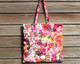 tas tote bag, seventies style print, grote tas, vakantie tas, roze/rood/oranje, gevoerde,boodschappentas, XL tas