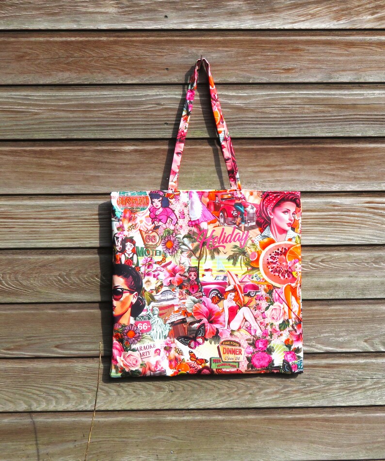 bag tote bag, seventies style print, large bag, holiday bag, pink/red/orange, lined, shopping bag, XL bag immagine 1