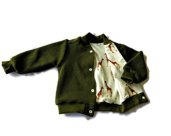 reversible jacket, darkgreen rib jacket, lined giraffe cardigan, organic cotton, giraffe, lined jacket, summer jacket