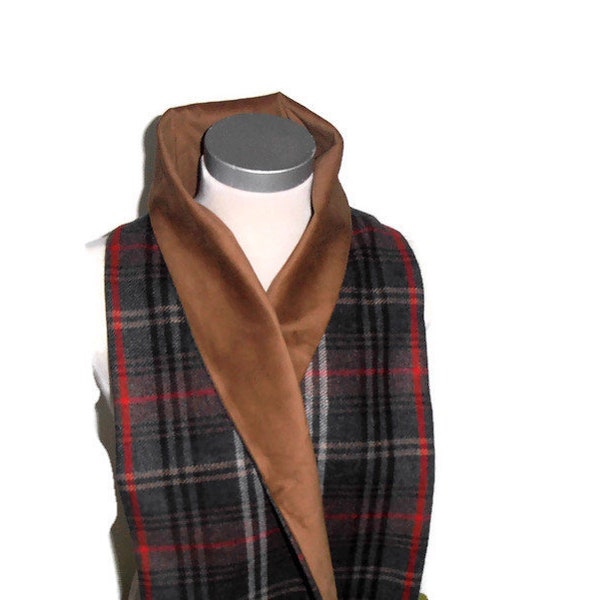men's black scarf, brown and red checkered, winter scarf, gift man, wool and babycord, men's scarf, long scarf, double scarf