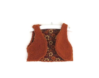 cognac waistcoat teddy with floral lining, body warmer, lined vest size 68/74, sleeveless vest, bolero