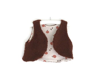 bruin gilet teddy met abrikozen voering, bodywarmer, gevoerd vestje maat 92/98, mouwloos vest, bolero