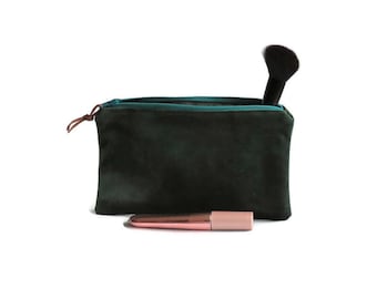 Kosmetik Tasche Grün samt, Smaragdgrün, gepolsterte Tasche,  Samt Federmäppchen, schöne Kulturbeutel, Schultasche,Kosmetiktasche,