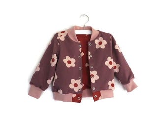 reversible baby jacket flowers and hearts, organic stretch cotton jersey, size 86, lined jacket, baby girl