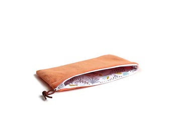 cosmetic bag corduroy salmon pink, corduroy pencil case, leaves school pouch, makeup bag, toiletry bag, pencil case, corduroy pouch