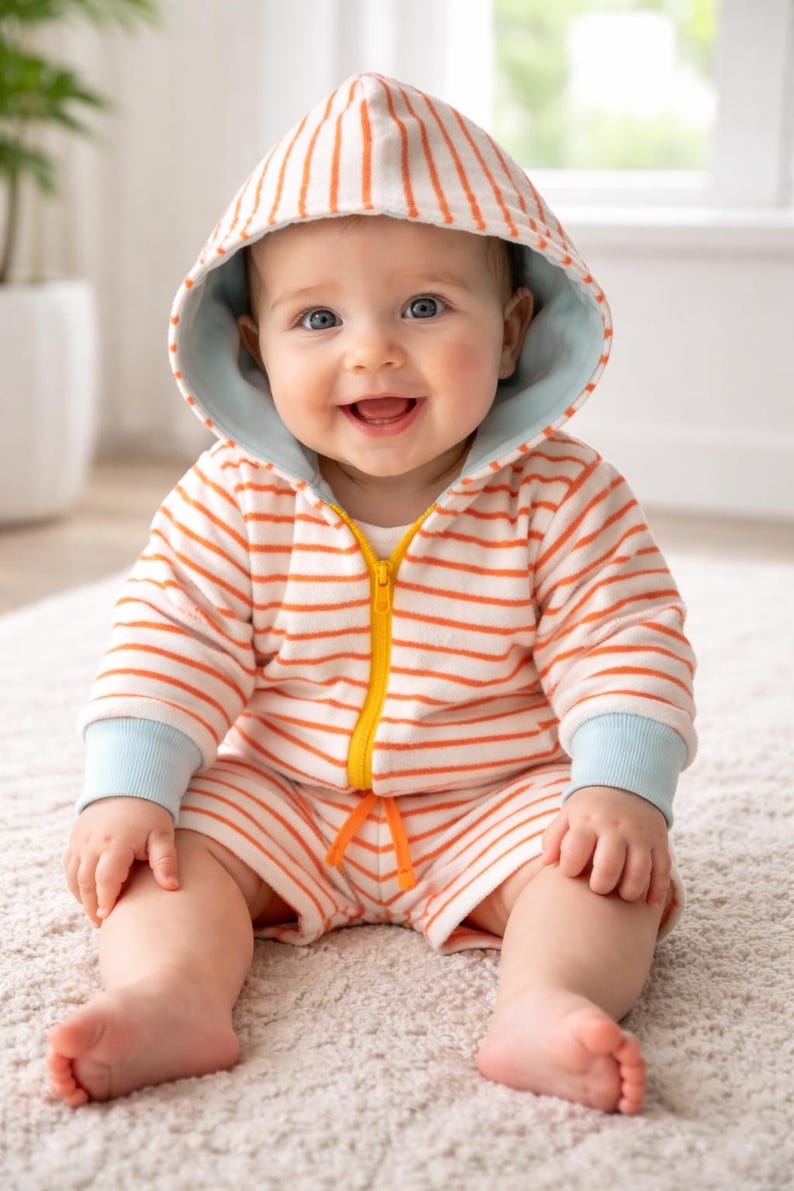 Striped hooded jacket, short, stretch sponge terry cloth, size 1 year, lined jacket, gender-neutral baby clothes