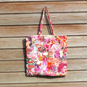 bag tote bag, seventies style print, large bag, holiday bag, pink/red/orange, lined, shopping bag, XL bag immagine 4