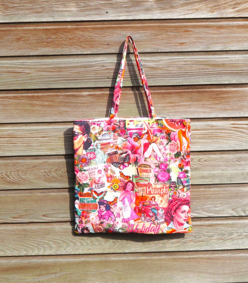 bag tote bag, seventies style print, large bag, holiday bag, pink/red/orange, lined, shopping bag, XL bag immagine 4