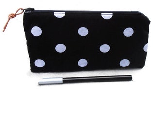 pencil case black with white dots, make-up bag, pencil case, little hearts, for her, gift idea, dotted pouch