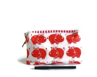 Hippo red little case, make-up bag, pencil case,  cosmetic pouch, Hippo pouch, back to school