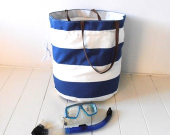 XL canvas beach bag blue and white, XL bag, holiday bag, swimming bag, large beach bag, striped bag