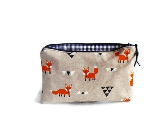 little case foxes, black/white checkred, foxes Pouch, child, fox make-up bag ,pencil case, canvas bag, cosmetic pouch