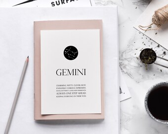 Gemini greeting card,Zodiac Gemini card,Zodiac birthday card,Gemini constellation card,Astrology card,Gemini gift,Zodiac greeting card