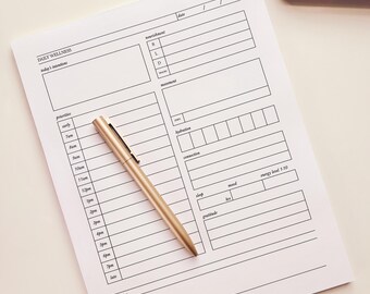 May include: A daily wellness tracker printable with sections for nutrition, movement, hydration, connection, sleep, mood, gratitude, and energy level. The tracker also includes a section for reflection and a time-based schedule for prioritizing tasks.