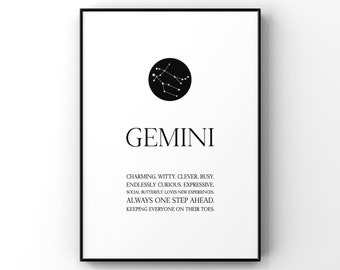 Gemini print,Gemini wall art,Zodiac Gemini print,Gemini constellation,Gemini gift,Zodiac print,Astrology print,Star sign,Zodiac birthday