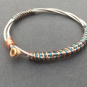 Recycled Bass Guitar String Bracelet, Styled with Sea Green and Bronze Copper Wire. Unisex Unique Guitarist Gift