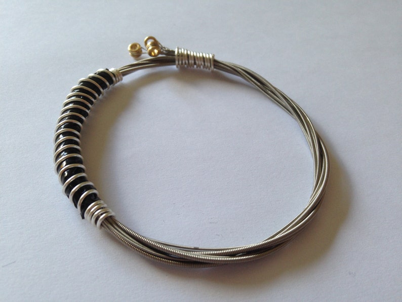 Recycled Guitar String Bracelet, styled with silver plated copper wire. Unisex Unique Guitarist Gift image 3