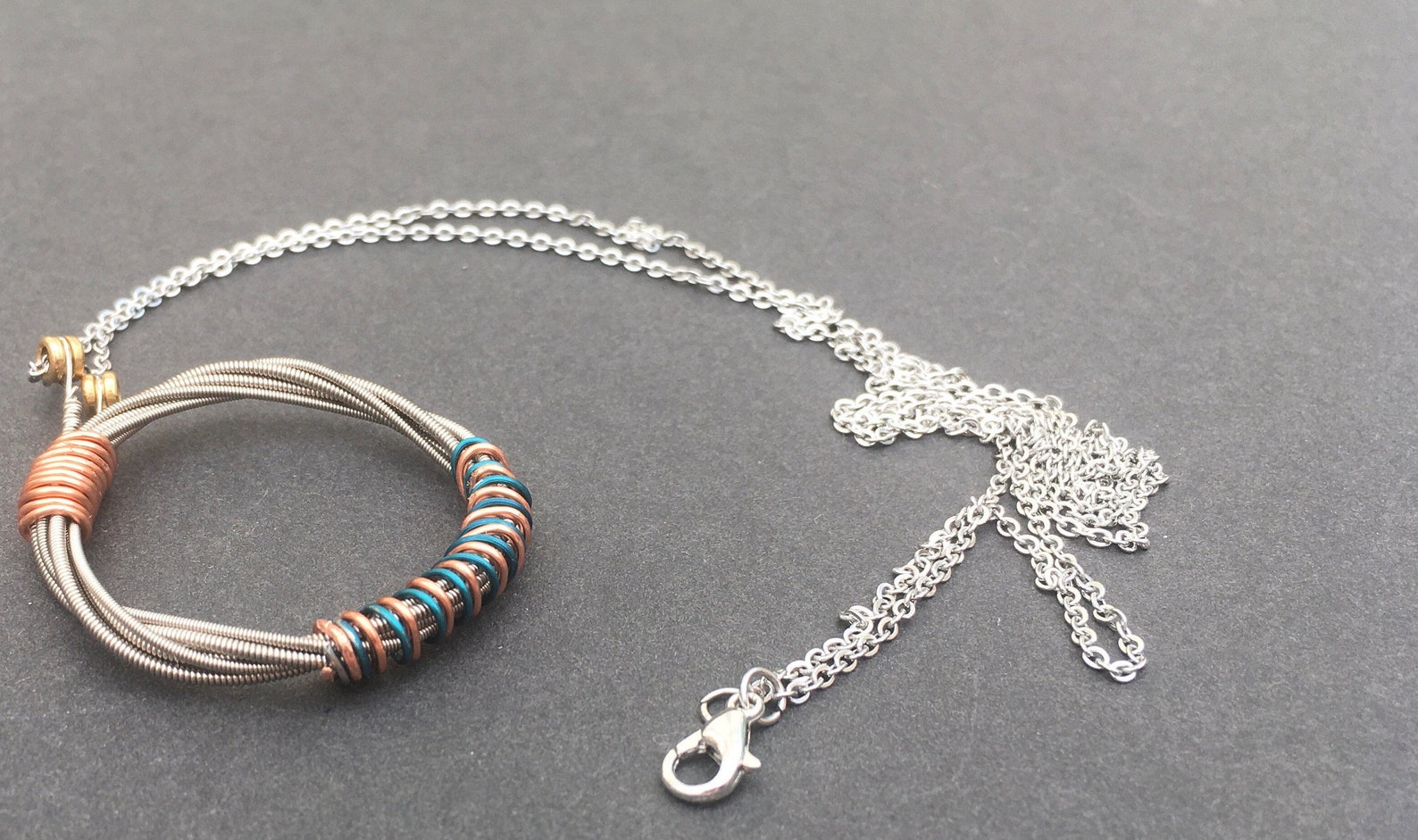 Recycled Silver Guitar String Pendant/necklace Styled With Sea Green ...