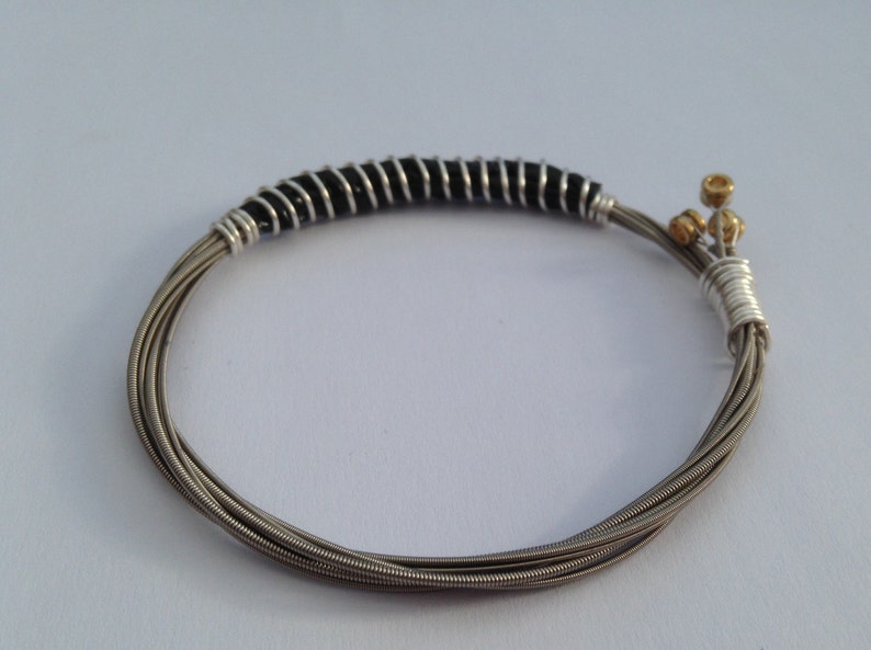 Recycled Guitar String Bracelet, styled with silver plated copper wire. Unisex Unique Guitarist Gift image 4