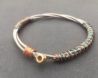 Recycled Bass Guitar String Bracelet, Styled with Sea Green and Bronze Copper Wire. Unisex Unique Guitarist Gift