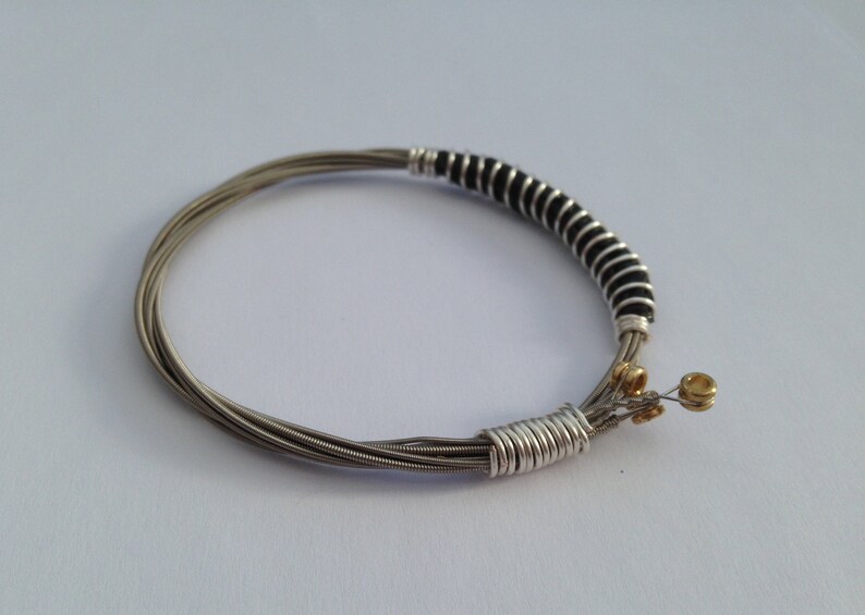 Recycled Guitar String Bracelet, styled with silver plated copper wire. Unisex Unique Guitarist Gift image 2