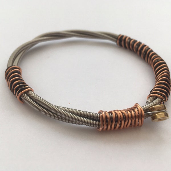 Recycled Bass Guitar String Bracelet, Styled with Black and Bronze Copper Wire. Unisex Unique Guitarist Gift