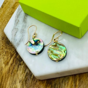 Paua Shell Earrings, Natural Abalone Shell Earrings, Iridescent Shell Earrings, Coin Shell Earrings