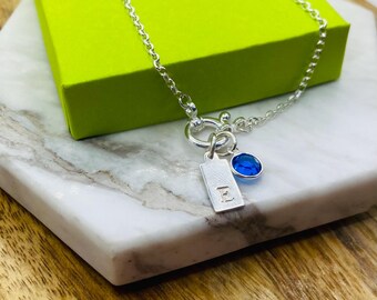 Sterling Silver Charm Holder Necklace: Initial & Birthstone, Sailors Clasp