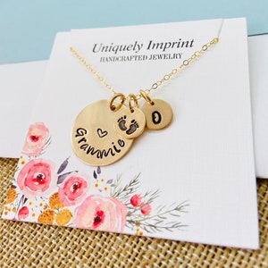 Personalized 14k Gold Filled Grandma Necklace: Grandkids Initials & Baby Feet