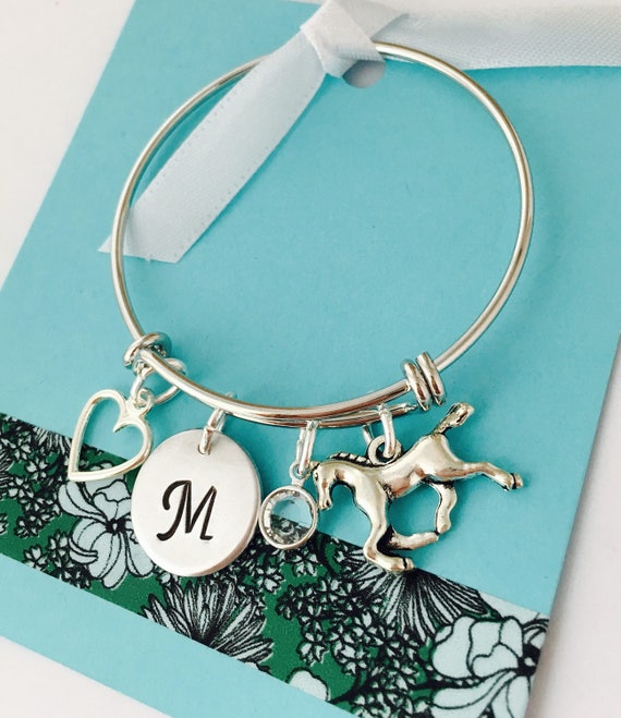 Personalized Horse Bangle Bracelet: Initial Charm, Girls Jewelry