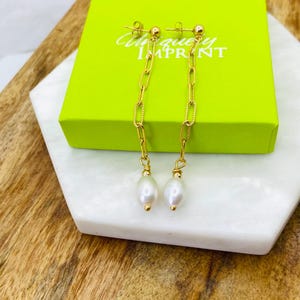 14k Gold Filled Paperclip Chain Earrings: Freshwater Pearl Dangle