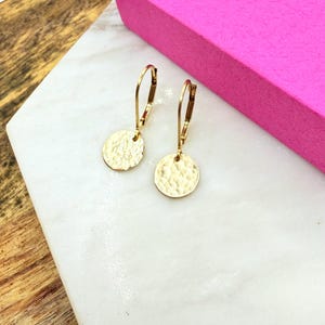 Tiny 14k Gold Filled Hammered Disc Leverback Earrings