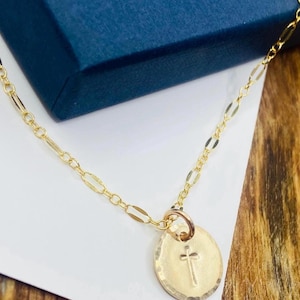 Stamped Gold Cross Necklace: 14k Gold Filled Sequin Chain, Mirrored Chain image 4