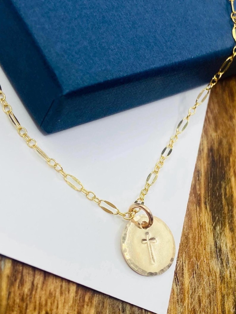 Stamped Gold Cross Necklace: 14k Gold Filled Sequin Chain, Mirrored Chain image 4