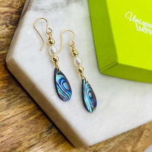 Teardrop Abalone Shell and Pearl Earrings, Natural Shell Earrings, Iridescent Shell Earrings, Pearl Drop Earrings