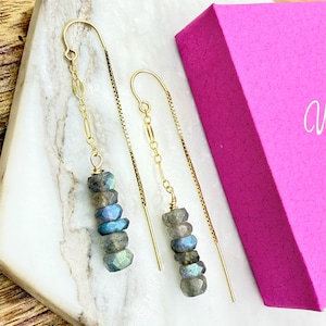 Labradorite Threader Earrings, 14k Gold Filled Gemstone Threader Earrings, Labradorite Drop Earrings