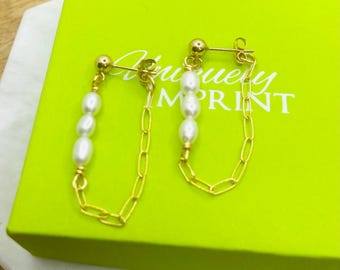 Gold Pearl Chain Hoop Earrings: 14k Gold Filled Dangle