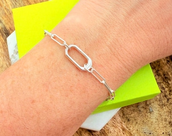 Paperclip Bracelet with Carabiner Clasp, Silver Paperclip Bracelet, Everyday Sterling Silver Bracelet, Push Clasp