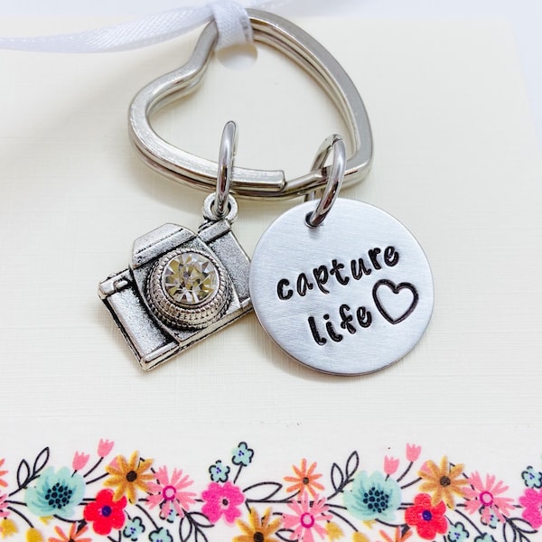 Camera Keychain, Photographer Gift, Wedding Photographer Gift, Capture Life, Hand stamped Jewelry, Photography, Capturing Memories