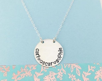 Kids Names Necklace, Custom Sterling Mom Necklace, Mom Disc with Names Necklace